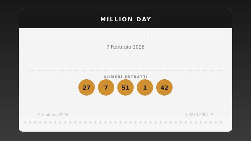 Numeri Million Day 7 febbraio 2026: la combinazione del giorno