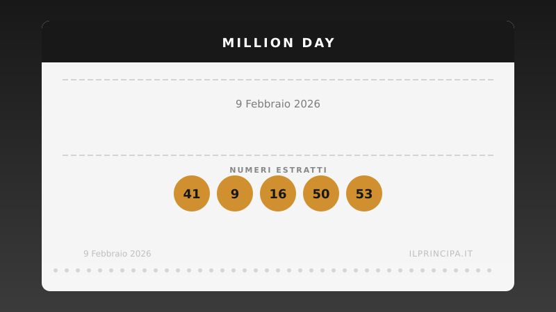 Estrazione del 09/02/2026: Million Day, ecco la cinquina