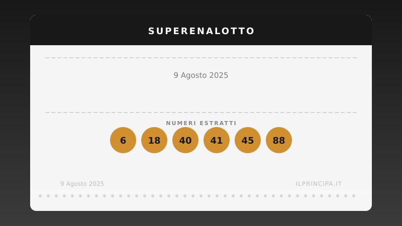 SuperEnalotto 09/08/2025: Nemmeno stavolta è stato centrato il «6» nel concorso